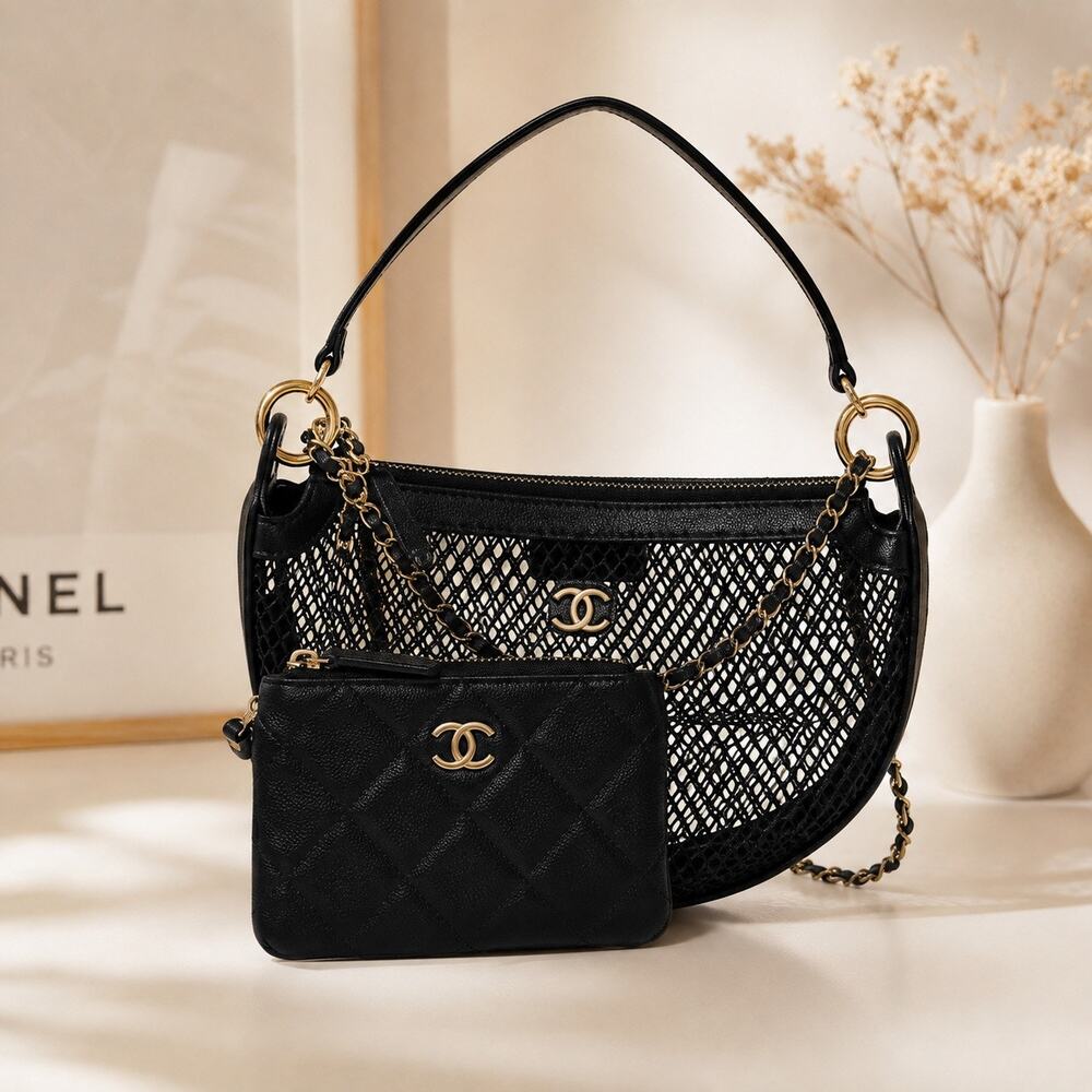 GWP Black Half-Moon Mesh Shoulder Bag + Detachable Mini Pouch